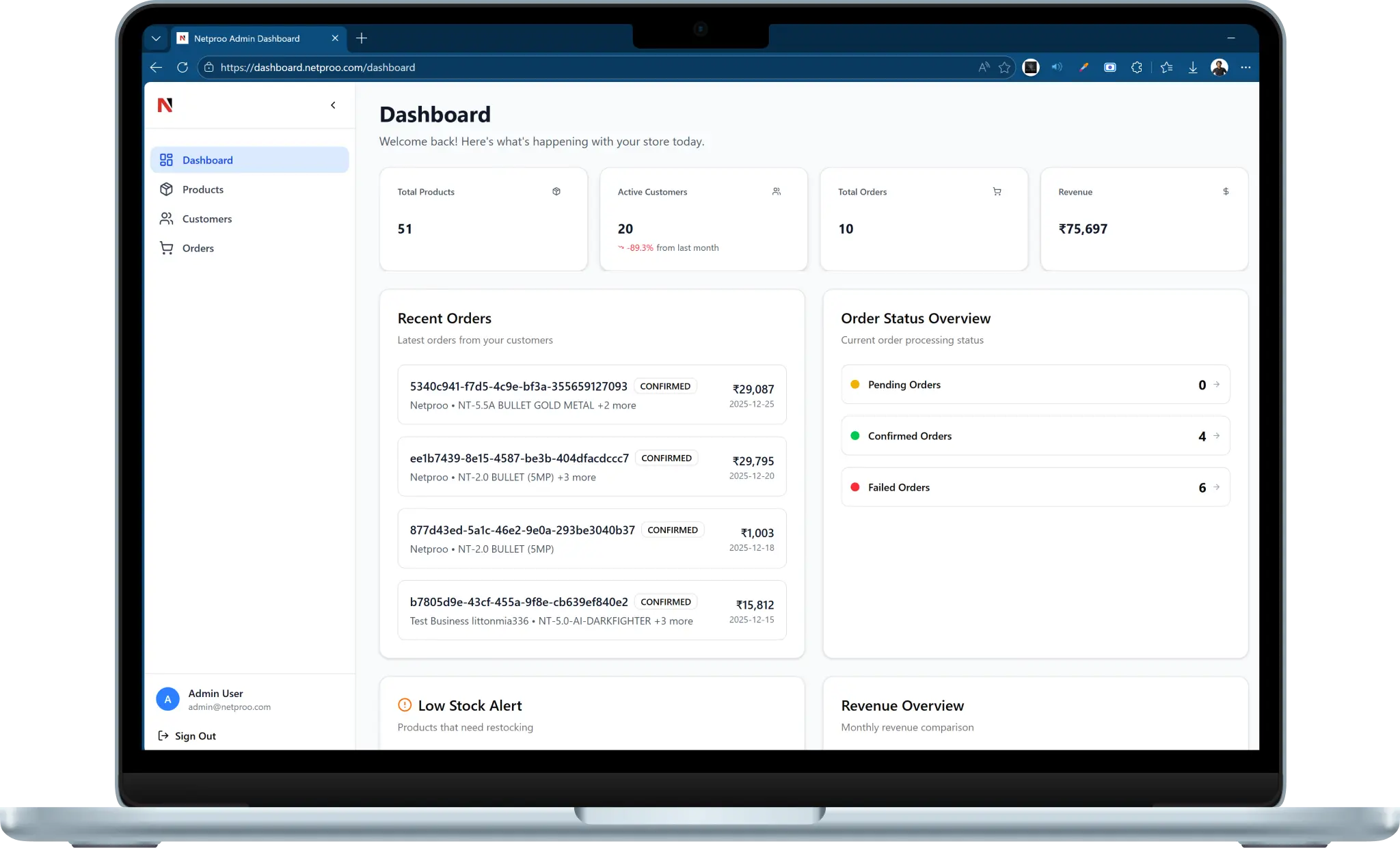 Screenshot of Netproo project showing Full-Stack B2B E-commerce Platform: CCTV & Surveillance Equipment Trading with Mobile App + Admin Dashboard